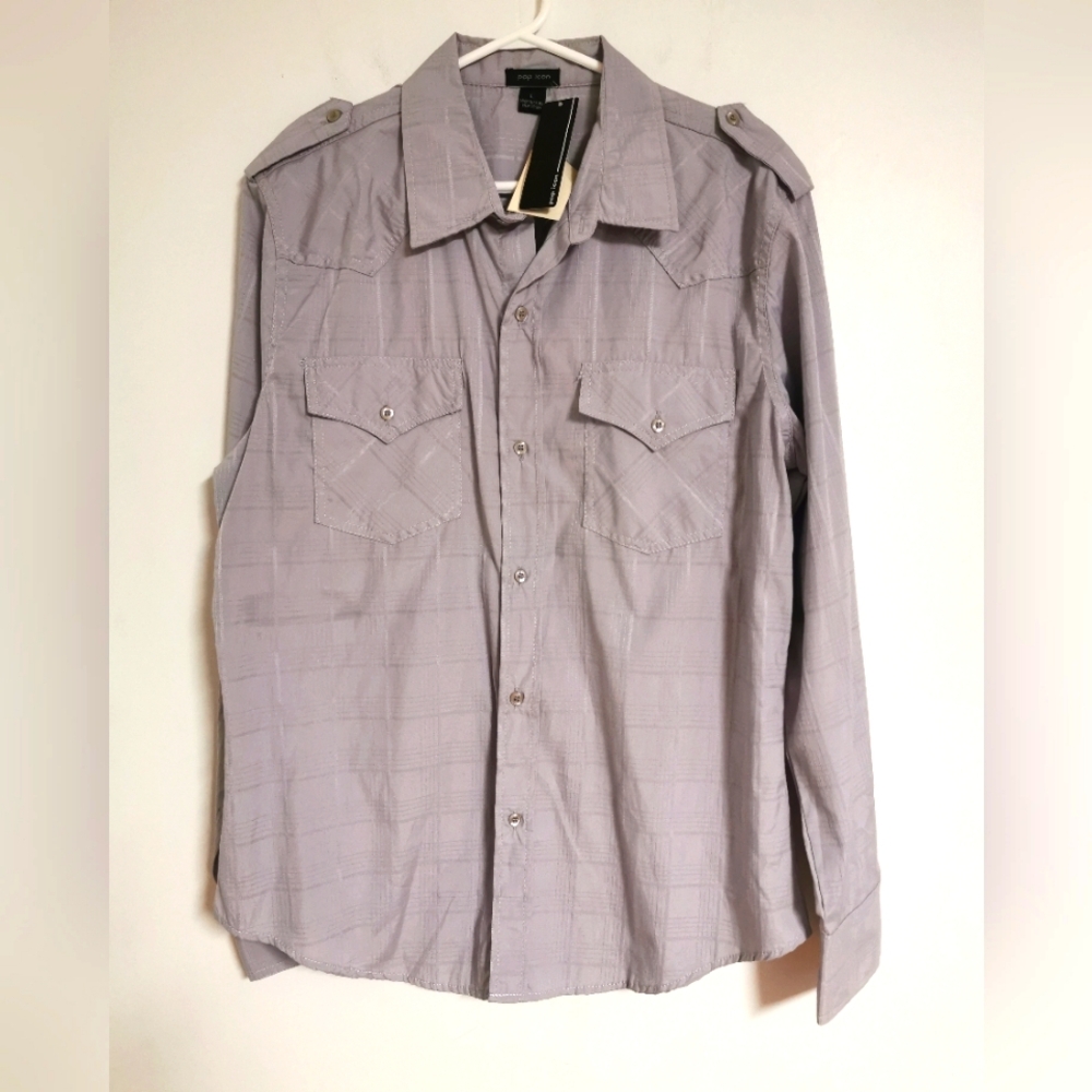 Pop icon Shirt Men large Long Sleeve Button Down Grey NWT